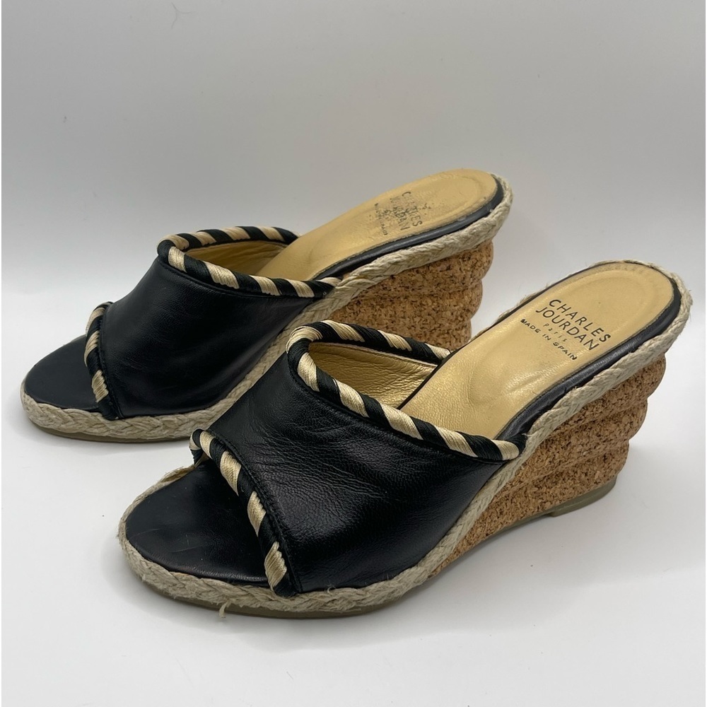 Charles Jourdan | Black Leather Slip-on Sandal Wedge | 5 1/2​